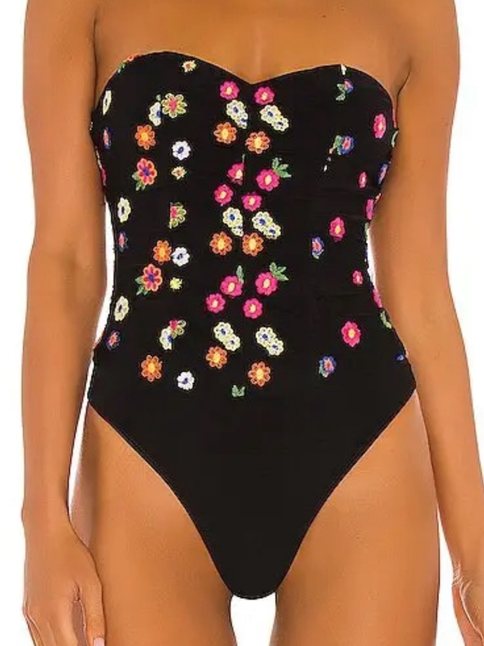 Lovers and Friends Black Floral Embroidered Strapless Bodysuit